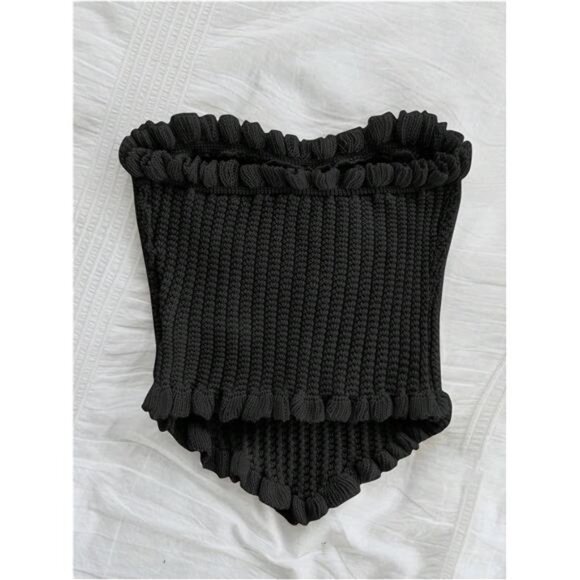 💖 Knitted Strapless Crop Top | Ruffle Trim & Pearl Button - Picture 2 of 5